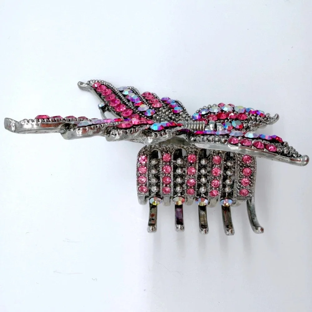 Vintage Butterfly Hair Claw Clip Pink AB Rhinestone Silver Tone Y2K